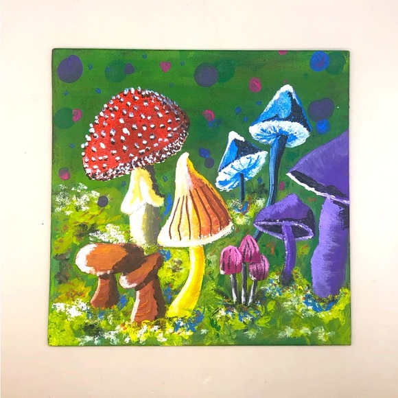 Mushroom Patch on an 8”x8” Original Painted Stretch Canvas Board w/ Acrylics. - Picture 1 of 5